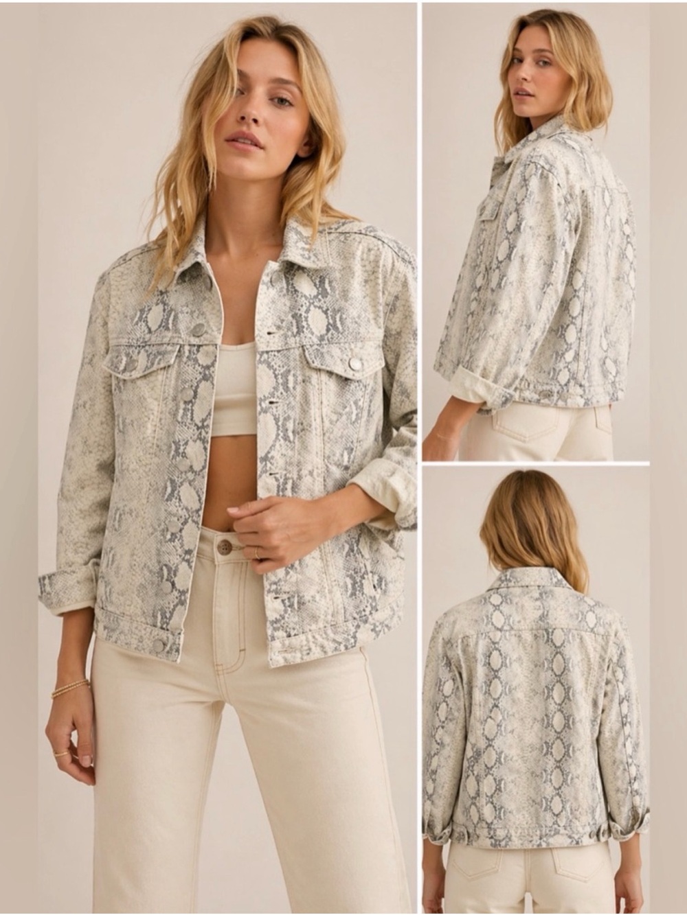 Free People Cream Snake-Print Denim Jacket